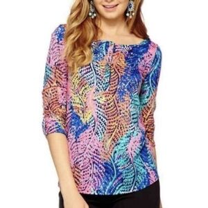 Sz XS Lilly Pulitzer Porter Henley Top Electric Feel Top Button Tab Sleeves